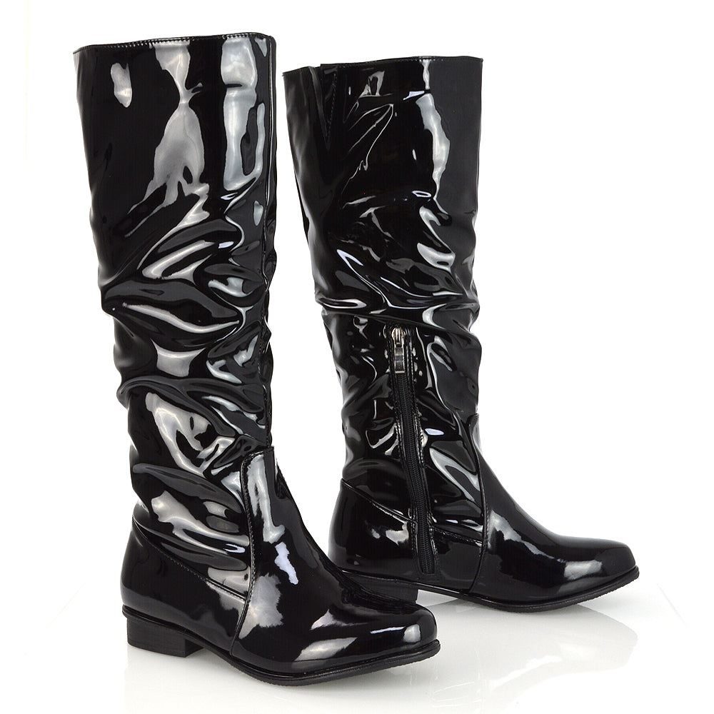 Kacey Slouch Detail Zip up Flat Knee High Long Riding Boots in Black Patent