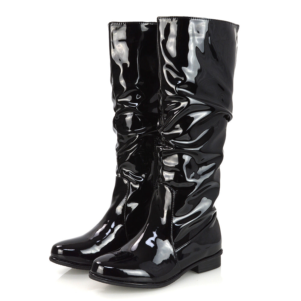 Kacey Slouch Detail Zip up Flat Knee High Long Riding Boots in Black Patent