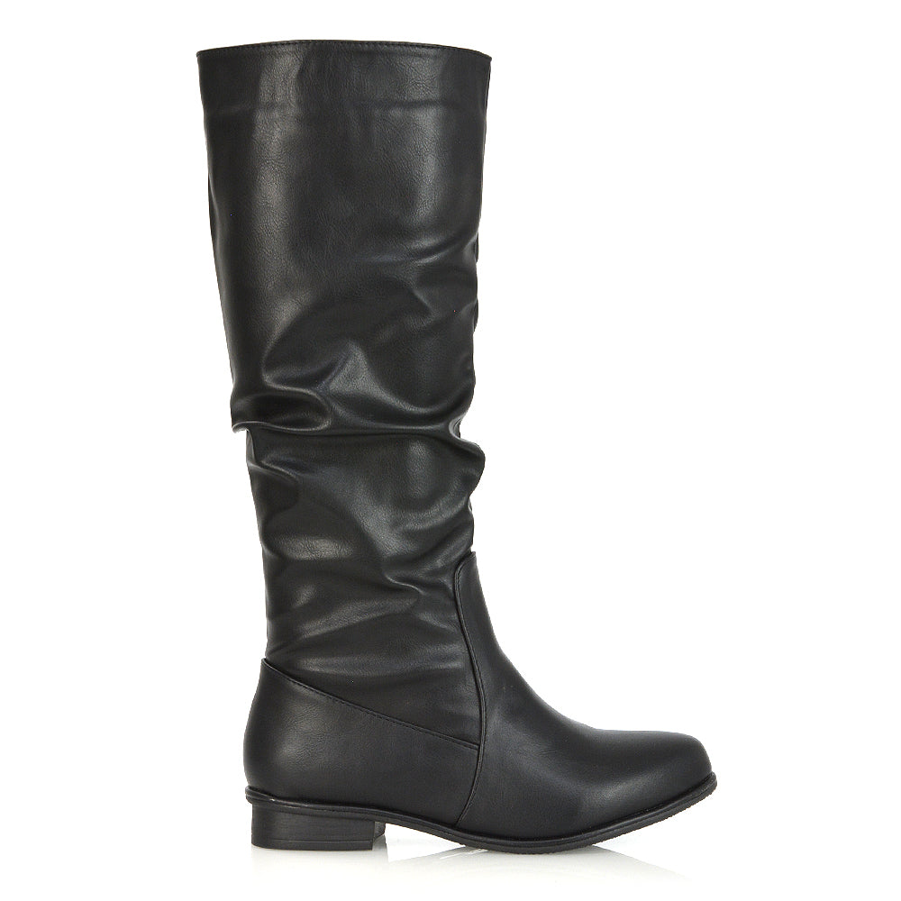 Kacey Slouch Detail Zip up Flat Knee High Long Riding Boots in Black Patent