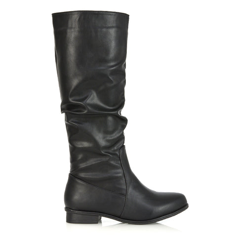 Kacey Slouch Detail Zip up Flat Knee High Long Riding Boots in Black Synthetic Leather