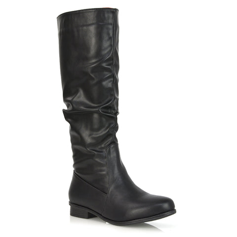 Kacey Slouch Detail Zip up Flat Knee High Long Riding Boots in Black Patent