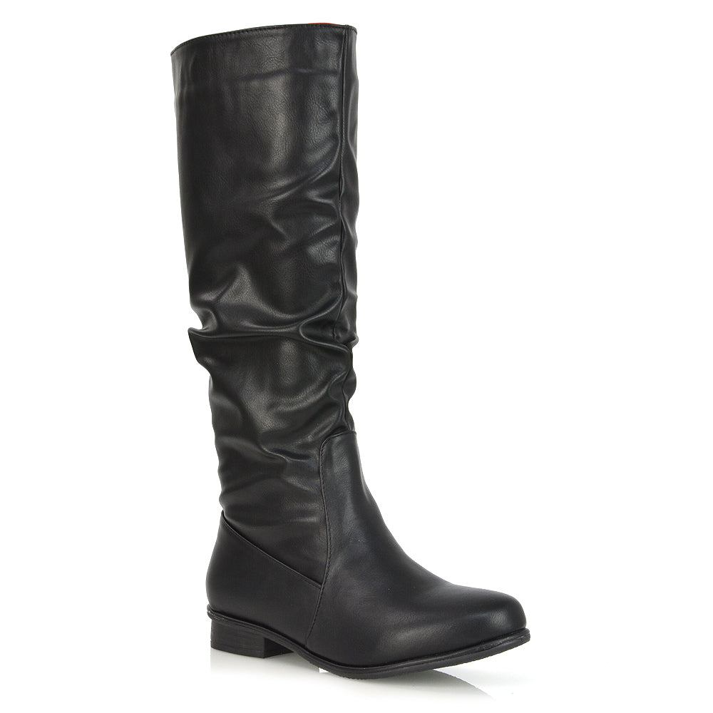 Kacey Slouch Detail Zip up Flat Knee High Long Riding Boots in Black Synthetic Leather