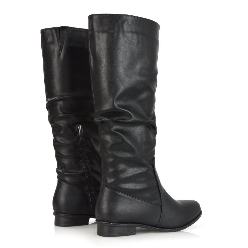 Kacey Slouch Detail Zip up Flat Knee High Long Riding Boots in Black Synthetic Leather