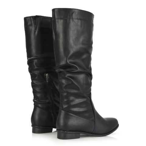 Kacey Slouch Detail Zip up Flat Knee High Long Riding Boots in Black Patent