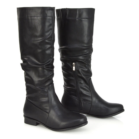 Kacey Slouch Detail Zip up Flat Knee High Long Riding Boots in Black Synthetic Leather