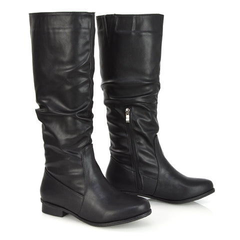 Kacey Slouch Detail Zip up Flat Knee High Long Riding Boots in Black Patent