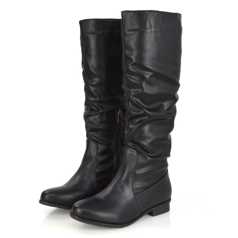 Kacey Slouch Detail Zip up Flat Knee High Long Riding Boots in Black Patent