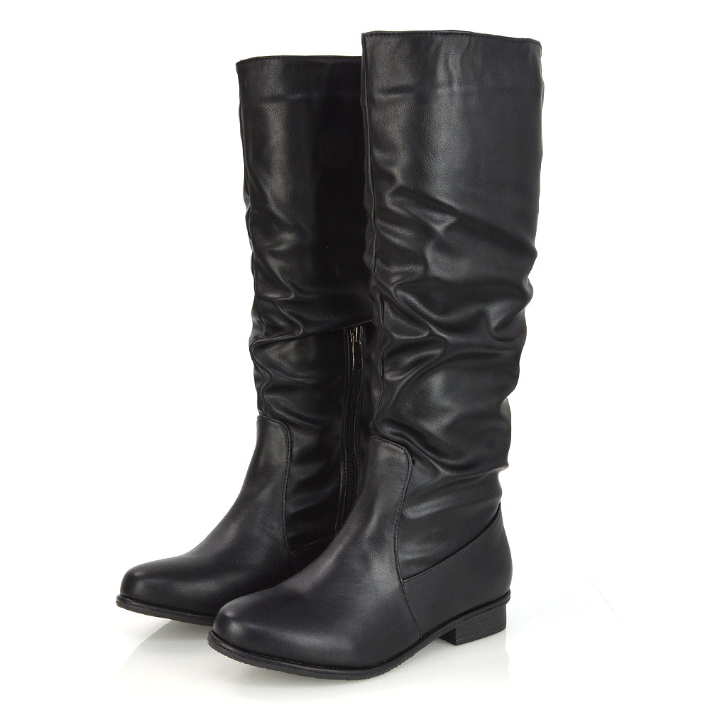 Kacey Slouch Detail Zip up Flat Knee High Long Riding Boots in Black Synthetic Leather