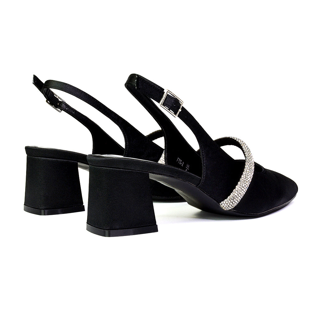 Sandie Sling Back Strappy Pointed Toe Diamante Mid Block Heels in Black