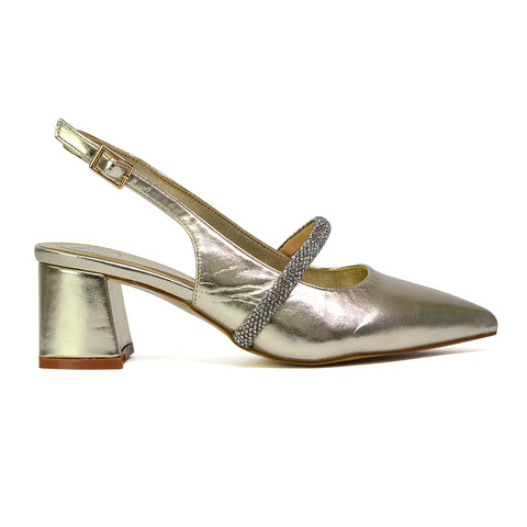 Sandie Sling Back Strappy Pointed Toe Diamante Mid Block Heels in Gold
