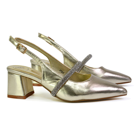 Sandie Sling Back Strappy Pointed Toe Diamante Mid Block Heels in Silver
