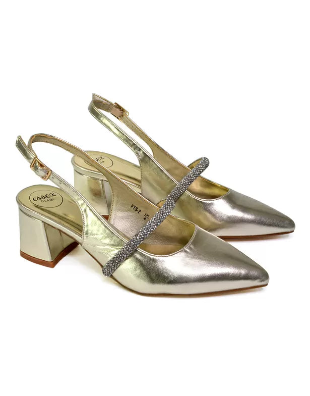 Sandie Sling Back Strappy Pointed Toe Diamante Mid Block Heels in Gold