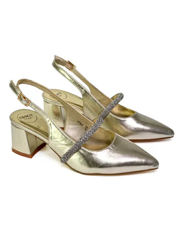 Sandie Sling Back Strappy Pointed Toe Diamante Mid Block Heels in Gold