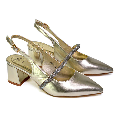 Sandie Sling Back Strappy Pointed Toe Diamante Mid Block Heels in Gold