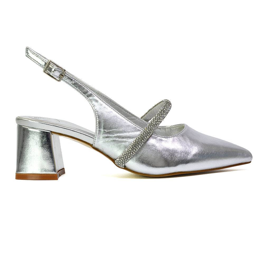 Sandie Sling Back Strappy Pointed Toe Diamante Mid Block Heels in Silver