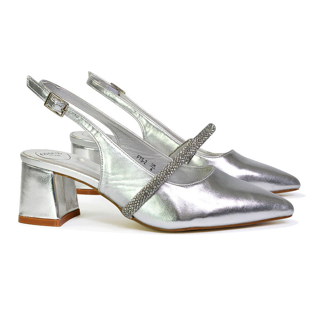 Sandie Sling Back Strappy Pointed Toe Diamante Mid Block Heels in Silver