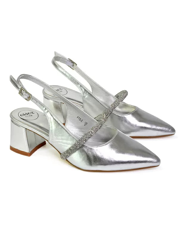 Sandie Sling Back Strappy Pointed Toe Diamante Mid Block Heels in White