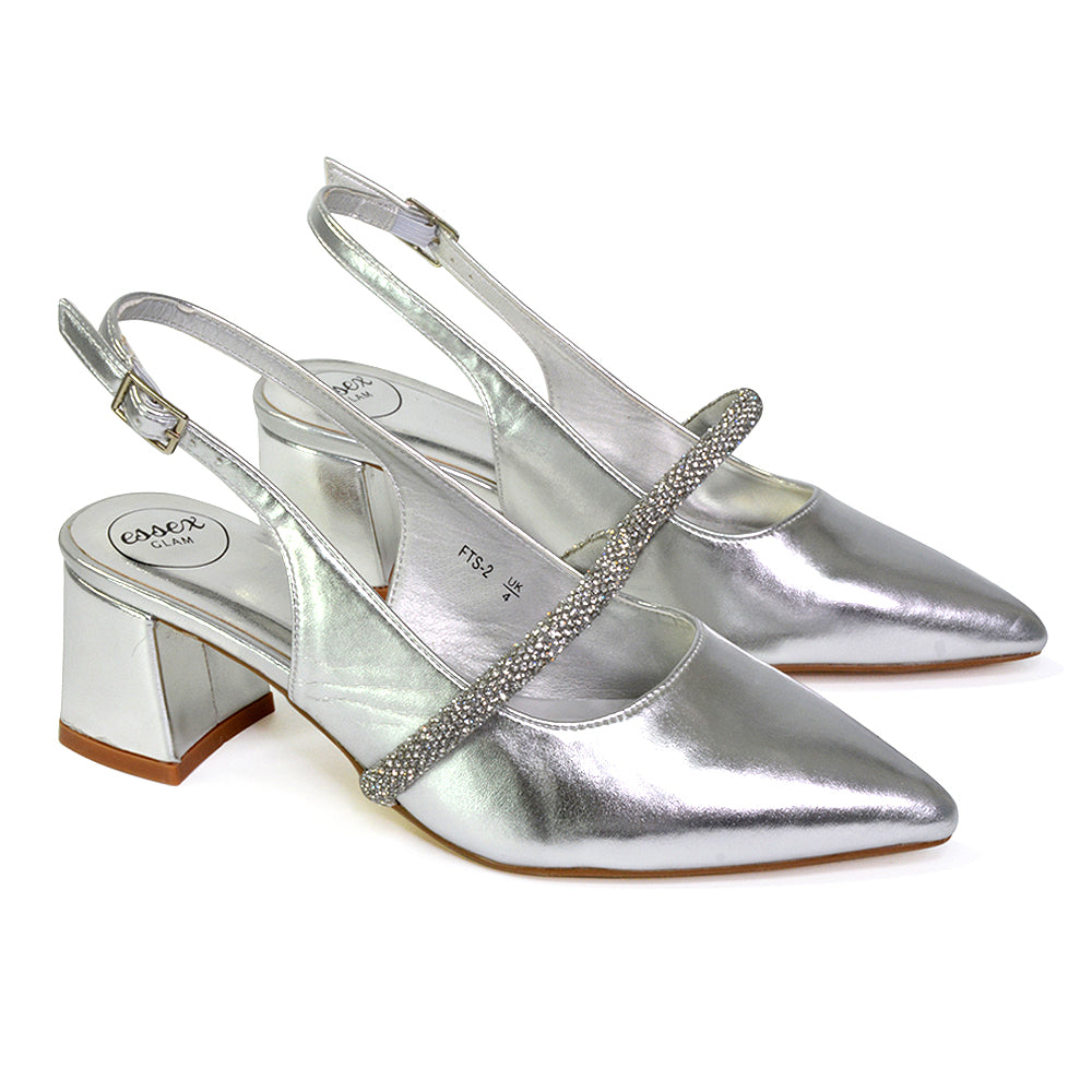 Sandie Sling Back Strappy Pointed Toe Diamante Mid Block Heels in Silver