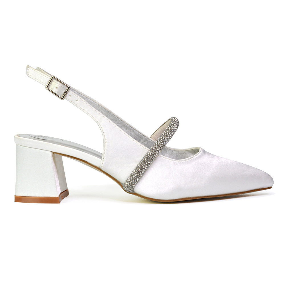 Sandie Sling Back Strappy Pointed Toe Diamante Mid Block Heels in White