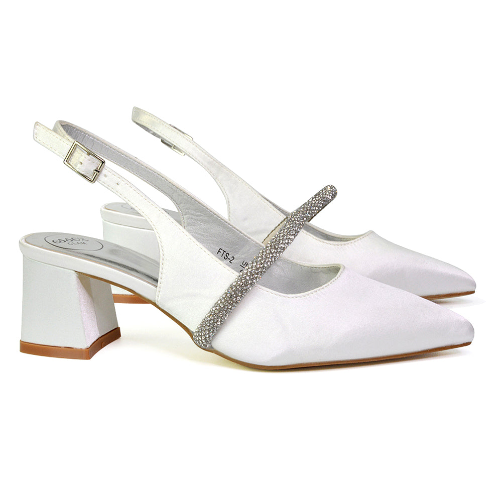Sandie Sling Back Strappy Pointed Toe Diamante Mid Block Heels in White