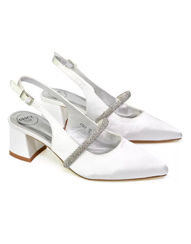 Sandie Sling Back Strappy Pointed Toe Diamante Mid Block Heels in White