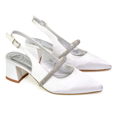 Sandie Sling Back Strappy Pointed Toe Diamante Mid Block Heels in White