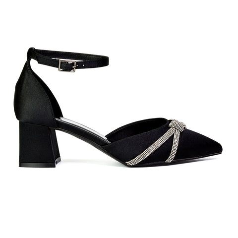 Gracie Diamante Strappy Mid Block Heel Sandals With a Pointed Toe in Silver