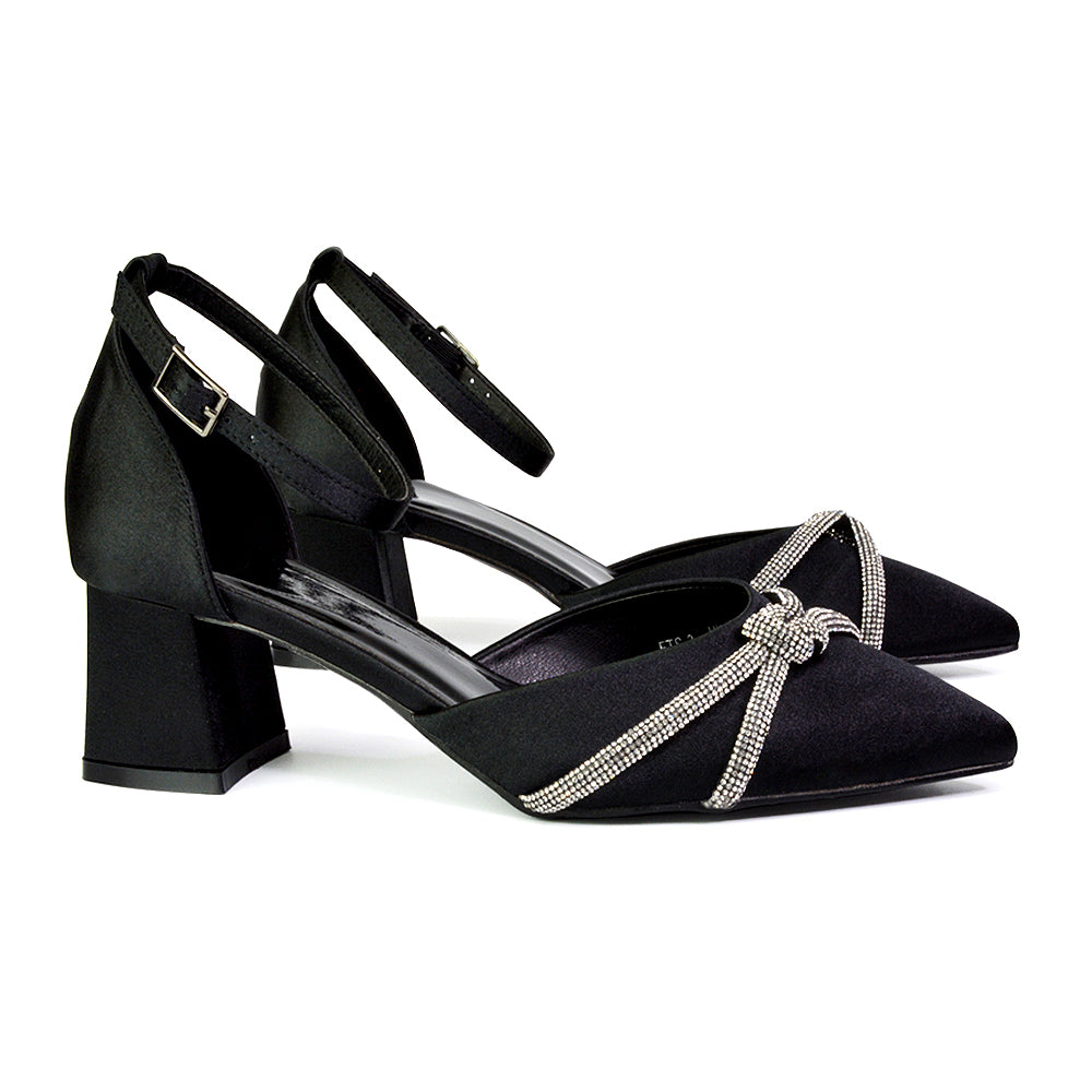 Gracie Diamante Strappy Mid Block Heel Sandals With a Pointed Toe in Black