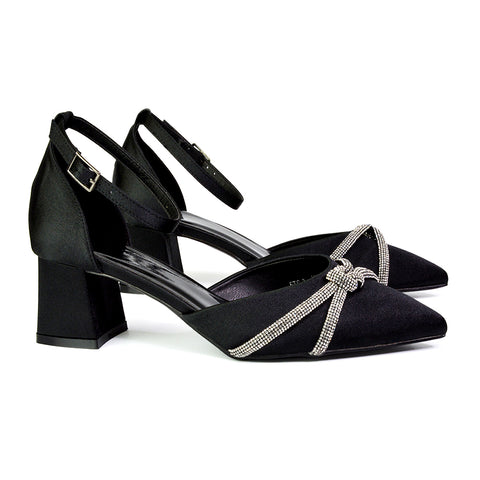 Gracie Diamante Strappy Mid Block Heel Sandals With a Pointed Toe in Navy