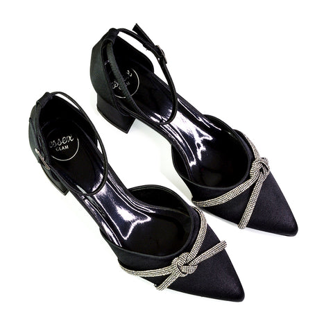 Gracie Diamante Strappy Mid Block Heel Sandals With a Pointed Toe in Black