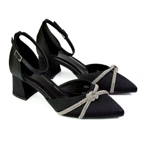 Gracie Diamante Strappy Mid Block Heel Sandals With a Pointed Toe in Black