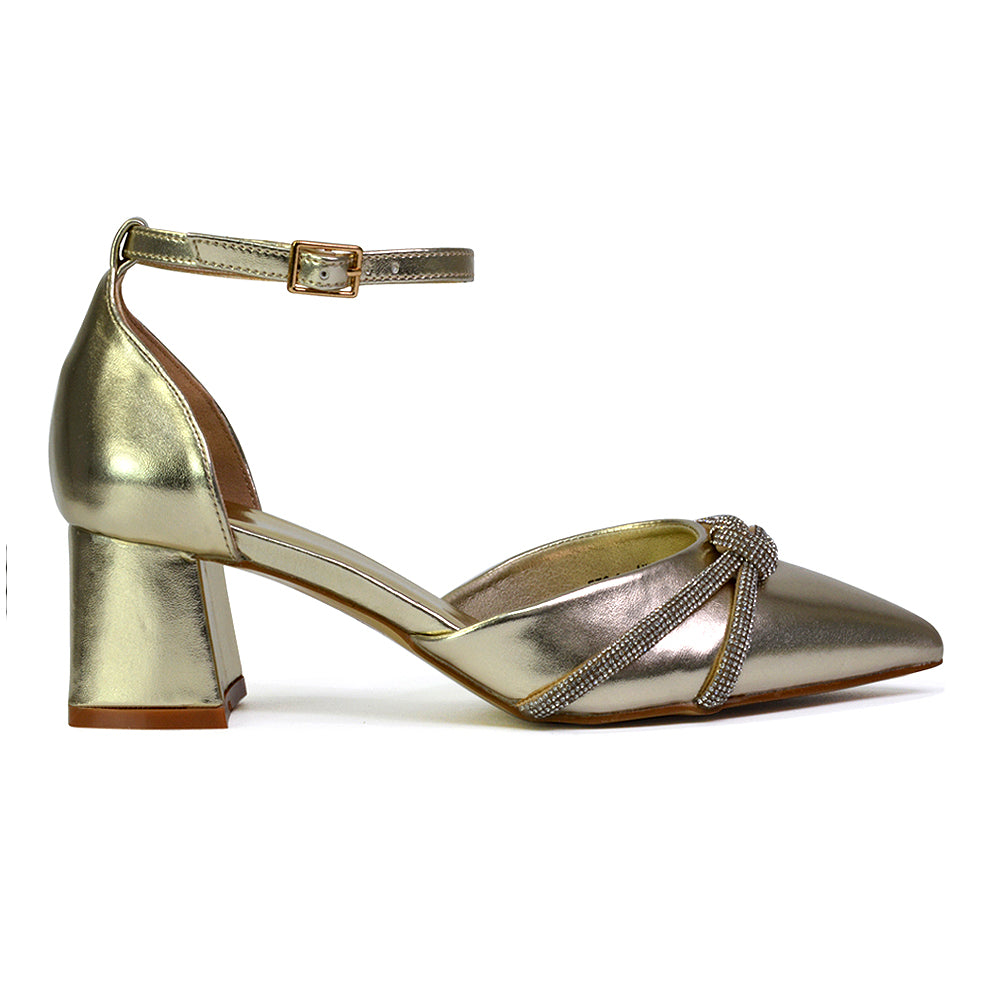 Gracie Diamante Strappy Mid Block Heel Sandals With a Pointed Toe in Gold