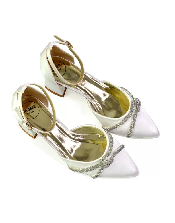 Gracie Diamante Strappy Mid Block Heel Sandals With a Pointed Toe in Gold