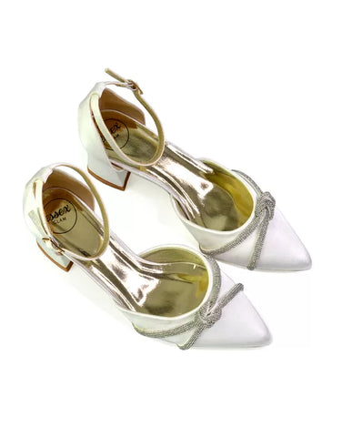 Gracie Diamante Strappy Mid Block Heel Sandals With a Pointed Toe in Ivory