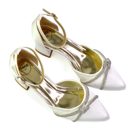 Gracie Diamante Strappy Mid Block Heel Sandals With a Pointed Toe in Gold