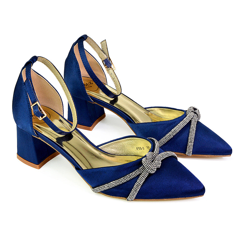 Gracie Diamante Strappy Mid Block Heel Sandals With a Pointed Toe in Navy