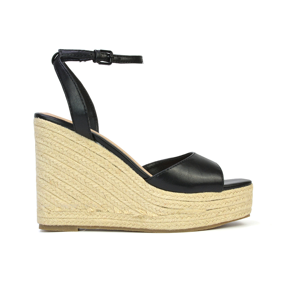 Kassie Square Toe Espadrille Platform Wedge Heel Sandals With Ankle Strap in Gold