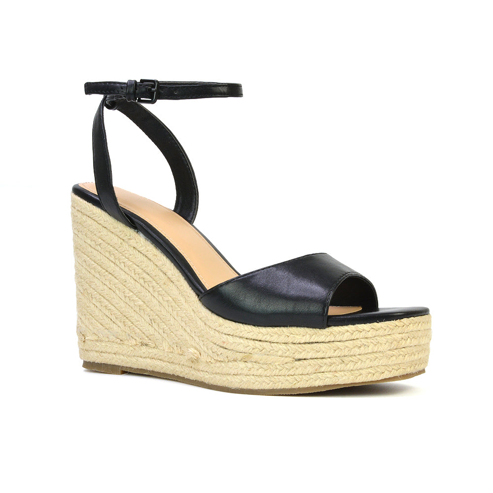 Kassie Square Toe Espadrille Platform Wedge Heel Sandals With Ankle Strap in White