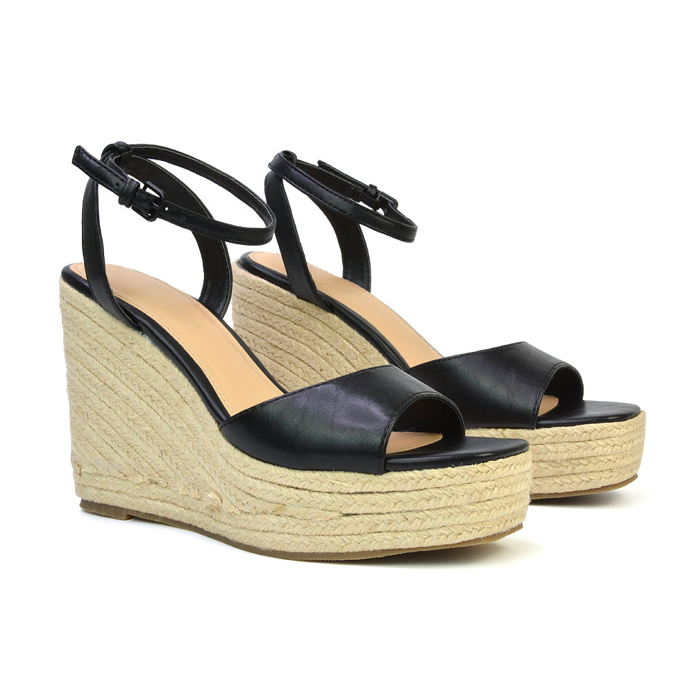 Kassie Square Toe Espadrille Platform Wedge Heel Sandals With Ankle Strap in White