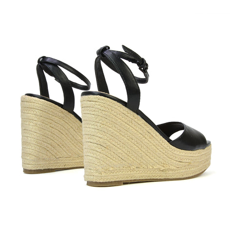 Kassie Square Toe Espadrille Platform Wedge Heel Sandals With Ankle Strap in Black