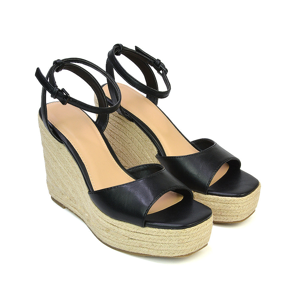 Kassie Square Toe Espadrille Platform Wedge Heel Sandals With Ankle Strap in Gold