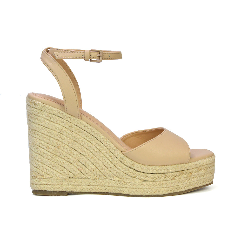 Kassie Square Toe Espadrille Platform Wedge Heel Sandals With Ankle Strap in Black