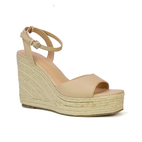 Kassie Square Toe Espadrille Platform Wedge Heel Sandals With Ankle Strap in White