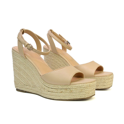 Kassie Square Toe Espadrille Platform Wedge Heel Sandals With Ankle Strap in White