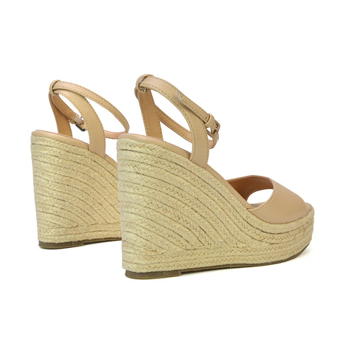 Kassie Square Toe Espadrille Platform Wedge Heel Sandals With Ankle Strap in Gold