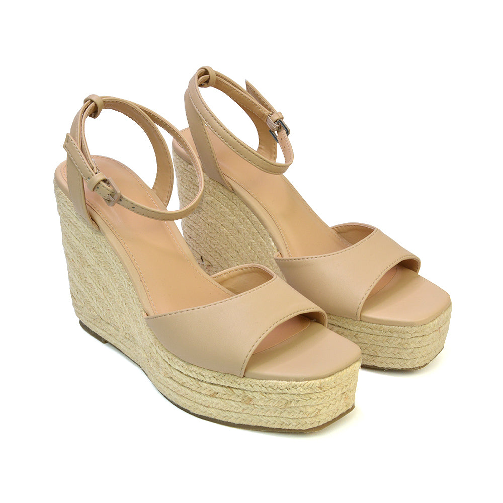 Kassie Square Toe Espadrille Platform Wedge Heel Sandals With Ankle Strap in Gold