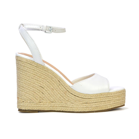 Kassie Square Toe Espadrille Platform Wedge Heel Sandals With Ankle Strap in White