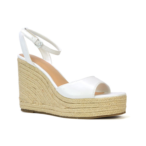 Kassie Square Toe Espadrille Platform Wedge Heel Sandals With Ankle Strap in White