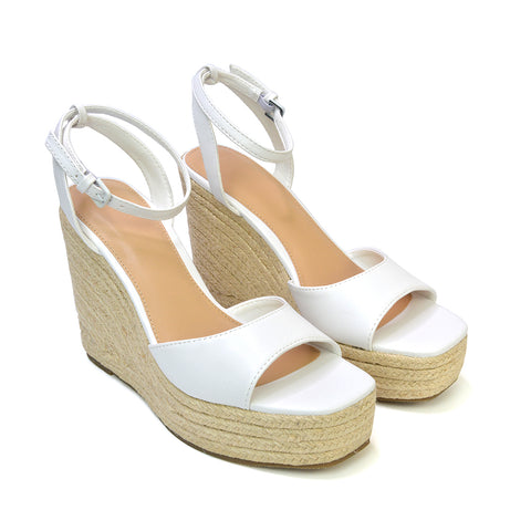 Kassie Square Toe Espadrille Platform Wedge Heel Sandals With Ankle Strap in Gold