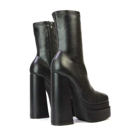 Beckett Super High Block Heel Platform Sock Ankle Boots In Black Synthetic Leather